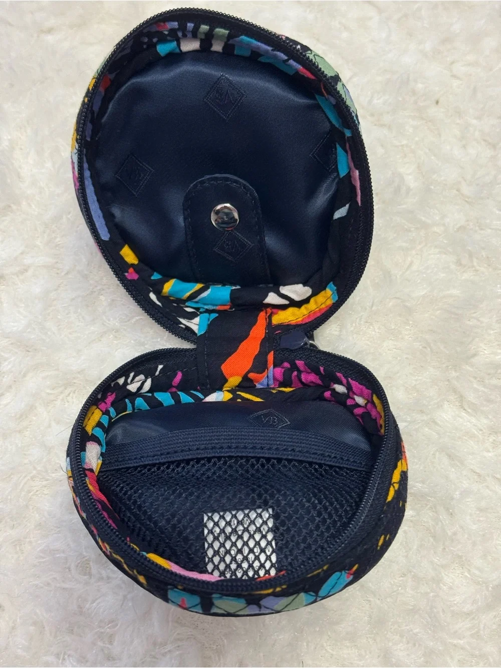 Vera Bradley Quilted Round Coin Case in Black, Pink & Teal Floral Print